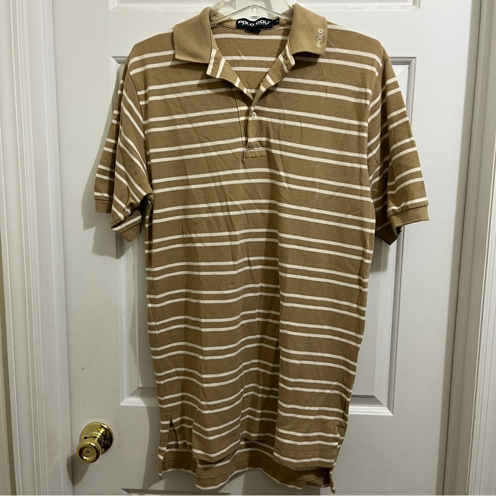 POLO GOLF RALPH LAUREN SHIRT Men Medium beige/white striped short sleeve cotton